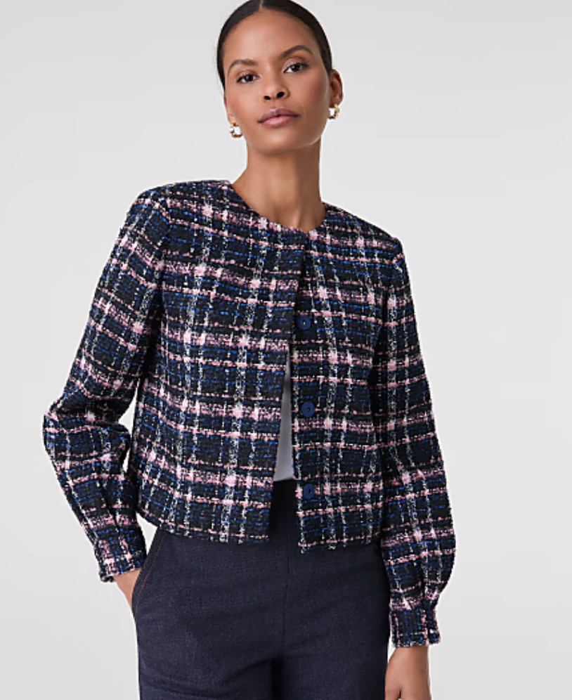 NWT ANN TAYLOR NAVY BLUE PINK WHITE PLAID BOUCLE JACKET SZ 6P 6 PETITE NWT ANN TAYLOR NAVY BLUE PINK WHITE PLAID BOUCLE JACKET SZ 6P 6 PETITE