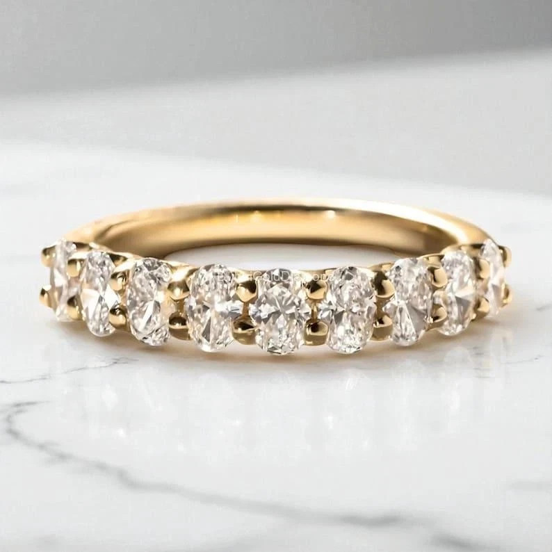 Oval Cut 2.50 Ct Natural Diamond Half Eternity Wedding Band 14K Yellow Gold 6 7