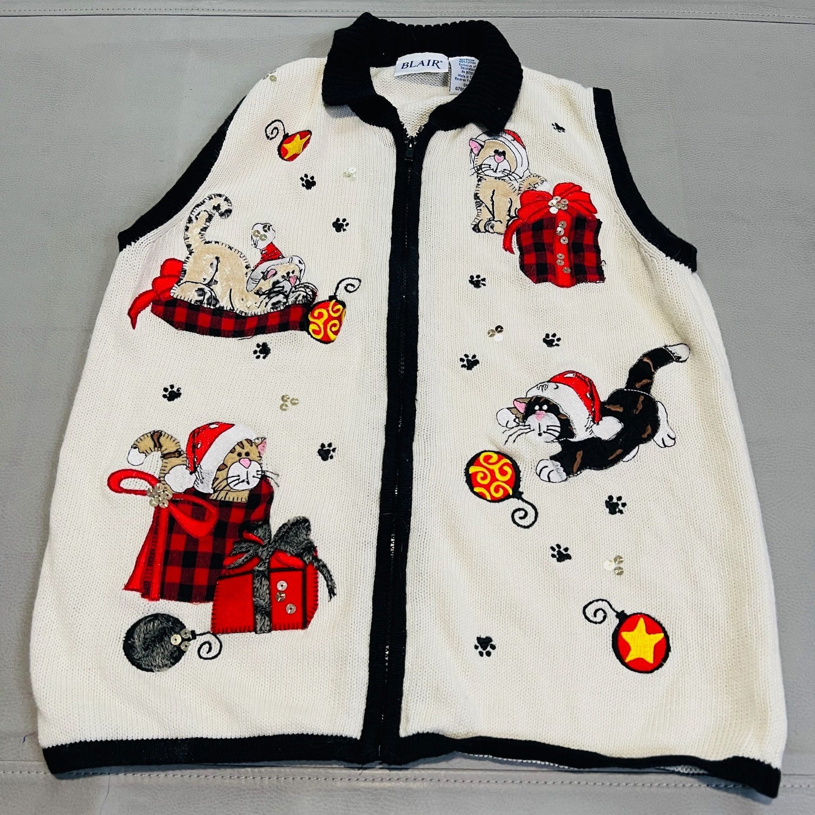 VTG BLAIR Women Ugly Christmas Xmas Crazy Kitty Cat Sweater Lady L White-4271