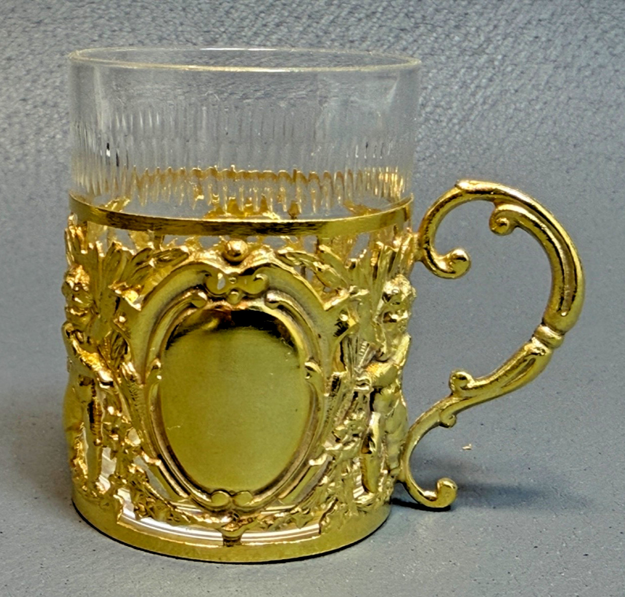 Antique French Rococo Ormolu Silver Liqueur Shot Cup Glass Holder Cherub Putti