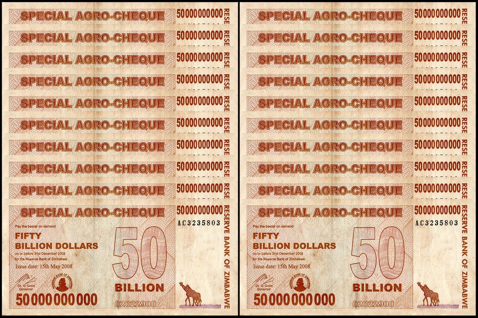 20 Zimbabwe 50 Billion Special Agro Cheque 2008 banknote,,,