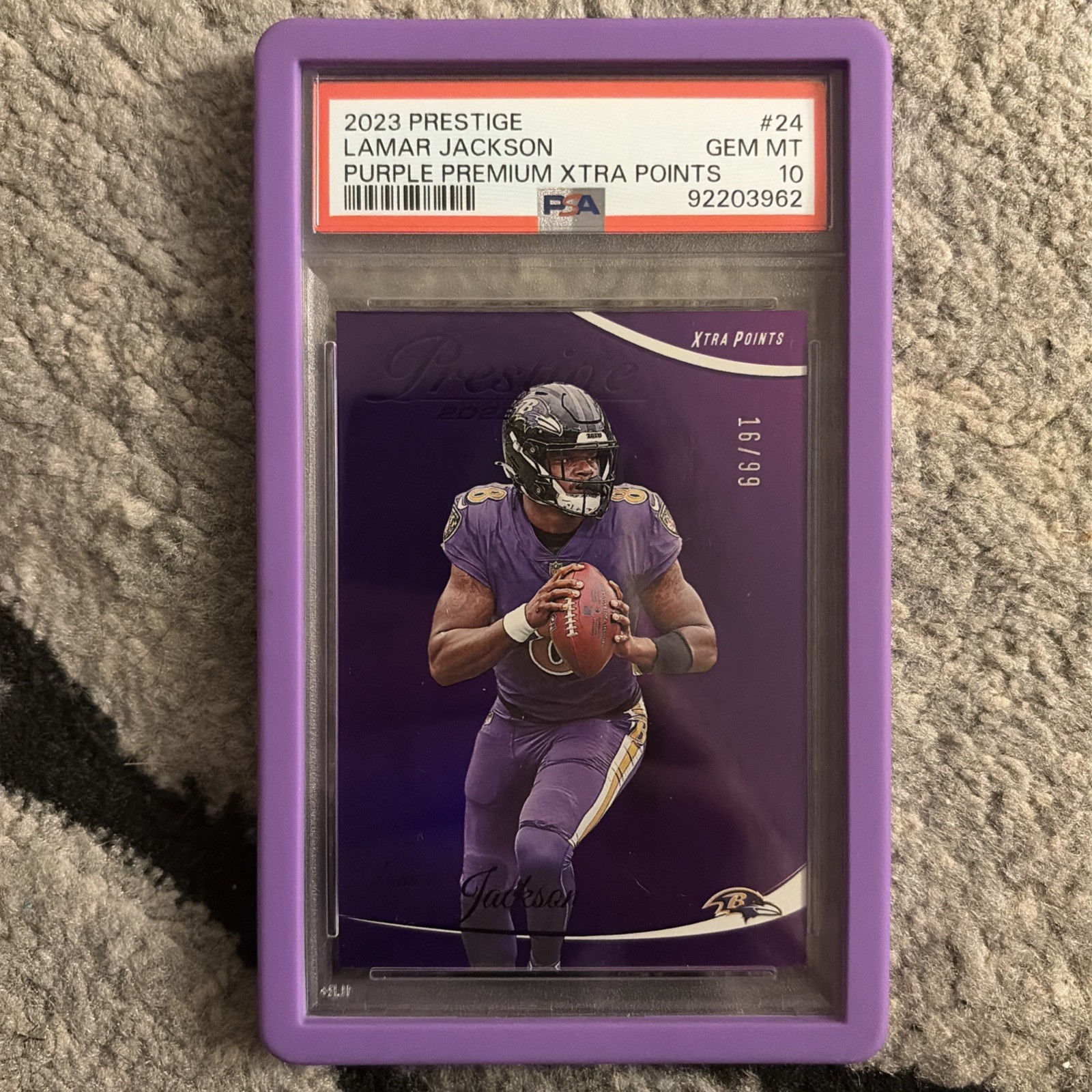 2023 Panini - Lamar Jackson #24 Xtra Points Purple /99 PSA 10 POP 1 COLOR MATCH 2023 Panini - Lamar Jackson #24 Xtra Points Purple /99 PSA 10 POP 1 COLOR MATCH