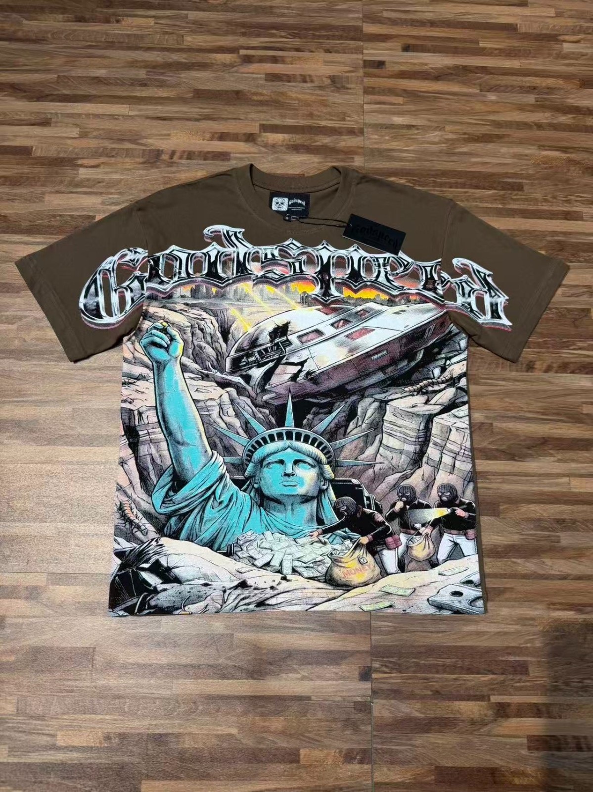 Mens Godspeed The Fallen Statue of Liberty print Cotton Short sleeved T-shirt