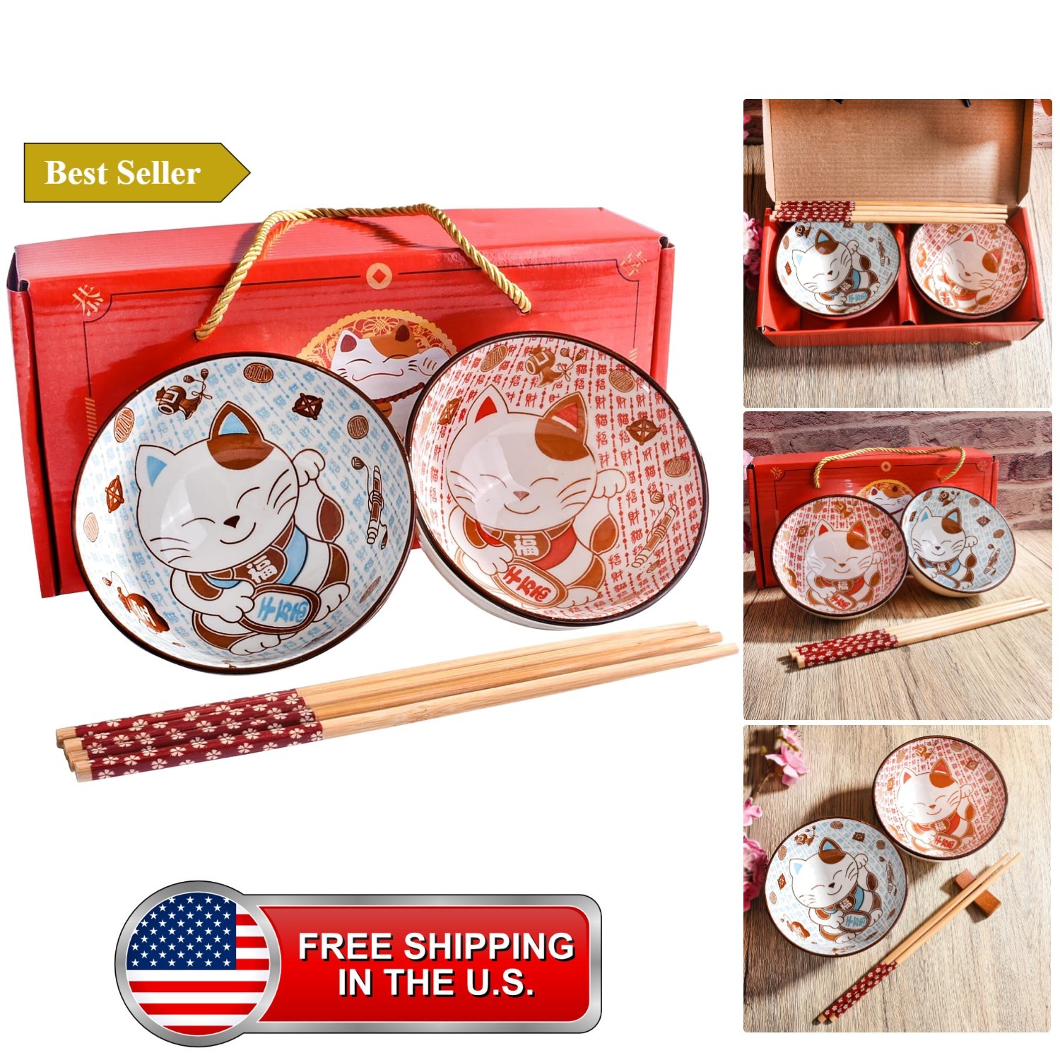 Ceramic Rice Bowl with Chopsticks Set of 2, 4.5\'\' Cute Cat Small Bowls