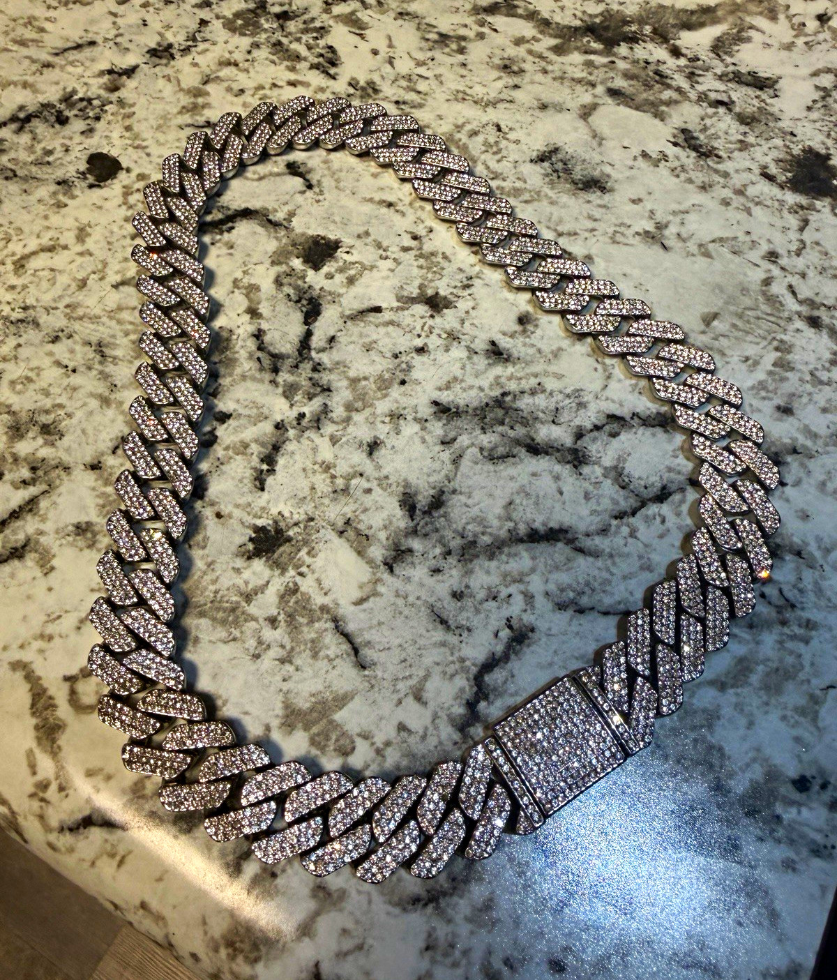 22 inch Silver Rhinestone Iced Out Cuban Link Chain Necklace, Moissanite