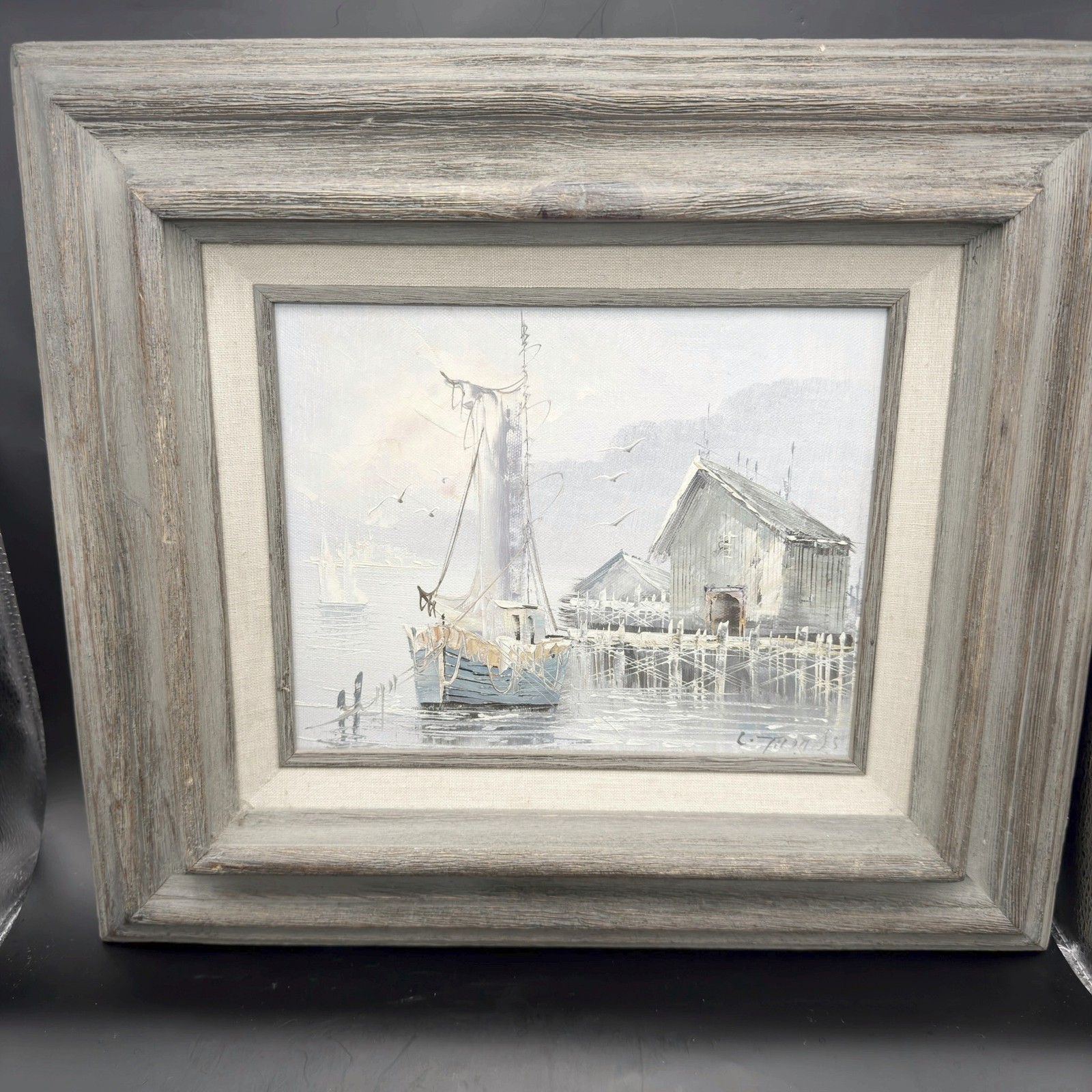 Vtg Original Oil Painting C. Thomas Signed Harbor Scene Maritime Framed 15x17 Vtg Original Oil Painting C. Thomas Signed Harbor Scene Maritime Framed 15x17
