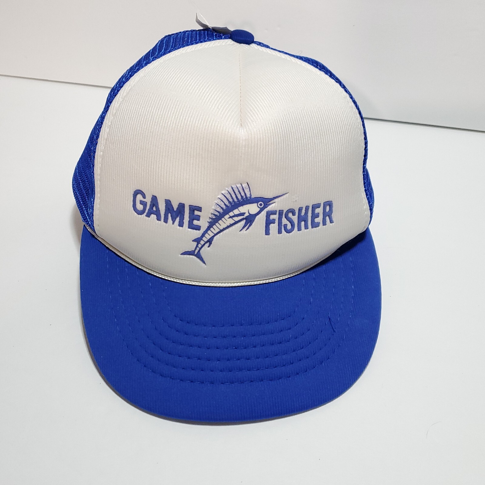 Vintage Game Fisher Trucker Hat Marlin Fishing Snapback Blue Mesh Cap w/ Rope Vintage Game Fisher Trucker Hat Marlin Fishing Snapback Blue Mesh Cap w/ Rope