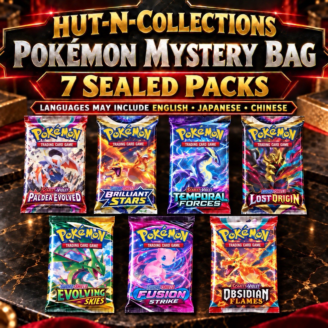 🎁 Pokémon Mystery Bag– 7 Sealed Booster Packs.