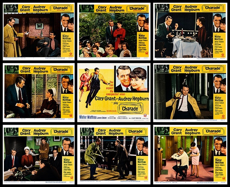 CHARADE 1963 HEPBURN CARY GRANT FULL SET OF LOOSE 11 X 14 LOBBY CARDS CHARADE 1963 HEPBURN CARY GRANT FULL SET OF LOOSE 11 X 14 LOBBY CARDS