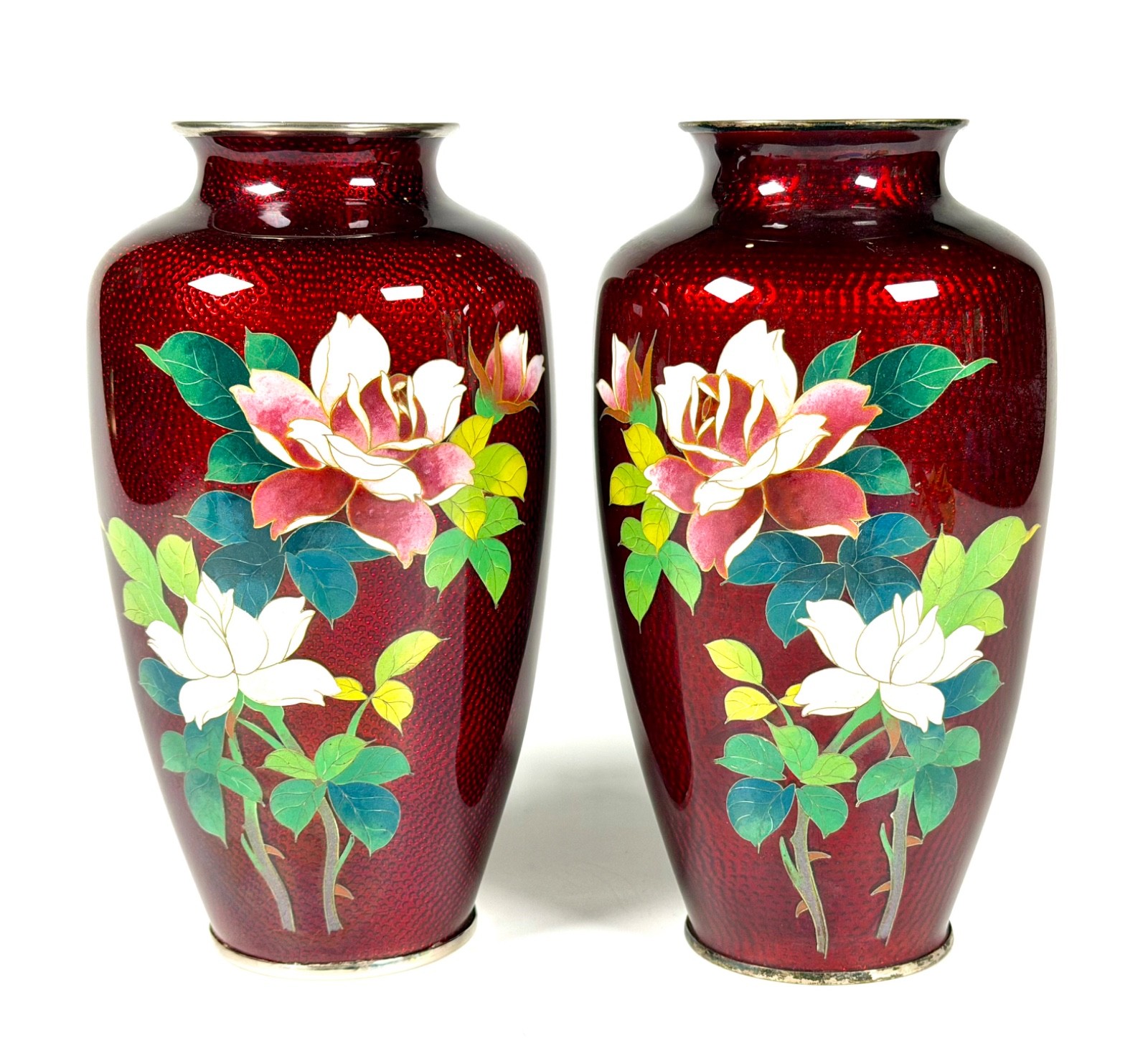Japanese Cloisonne Vases Pair-Pigeon Blood Red-Ginbari Rose Floral 7\