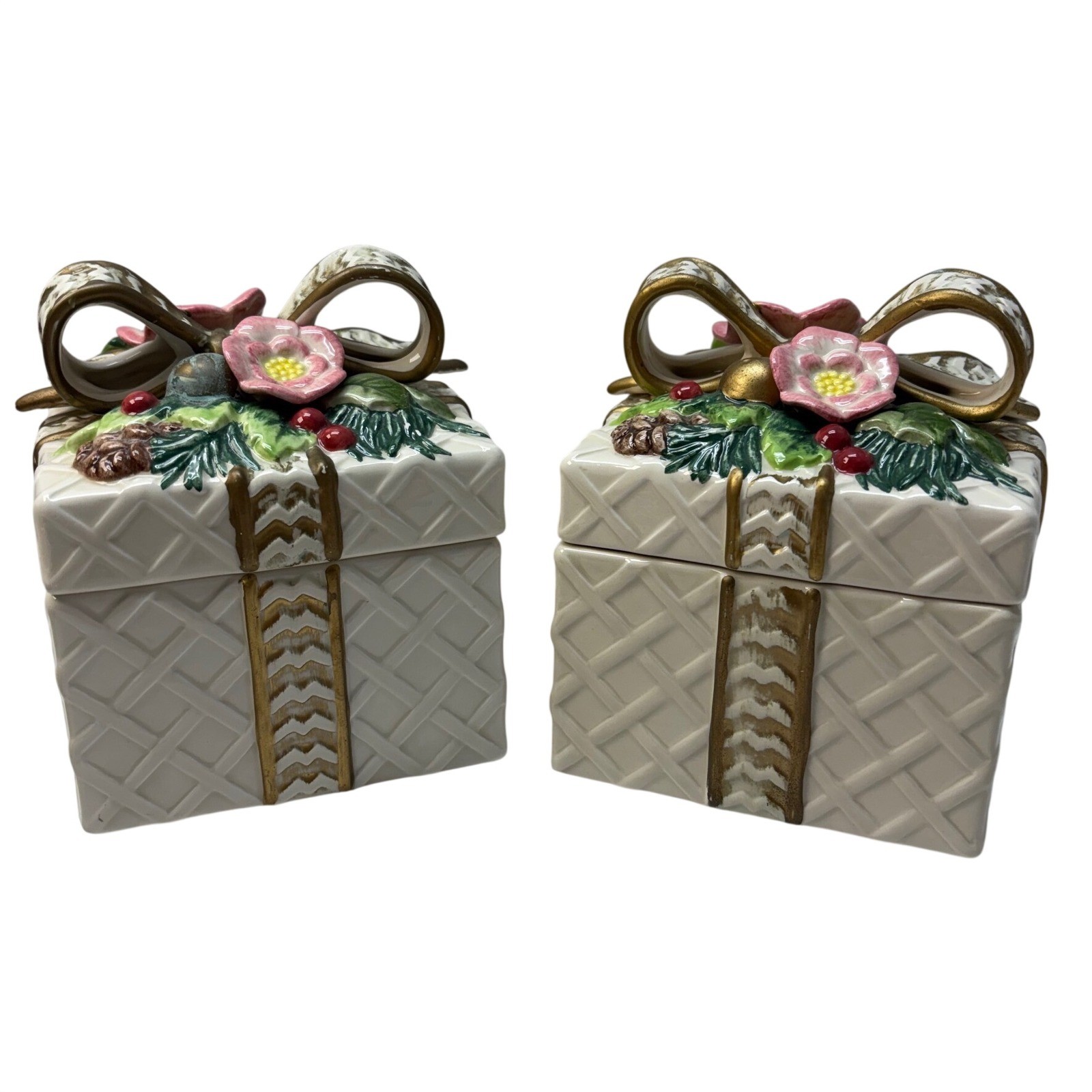 Fitz and Floyd Classics Ceramic Gift Box Trinket Jars Set of 2 Holiday Floral Fitz and Floyd Classics Ceramic Gift Box Trinket Jars Set of 2 Holiday Floral