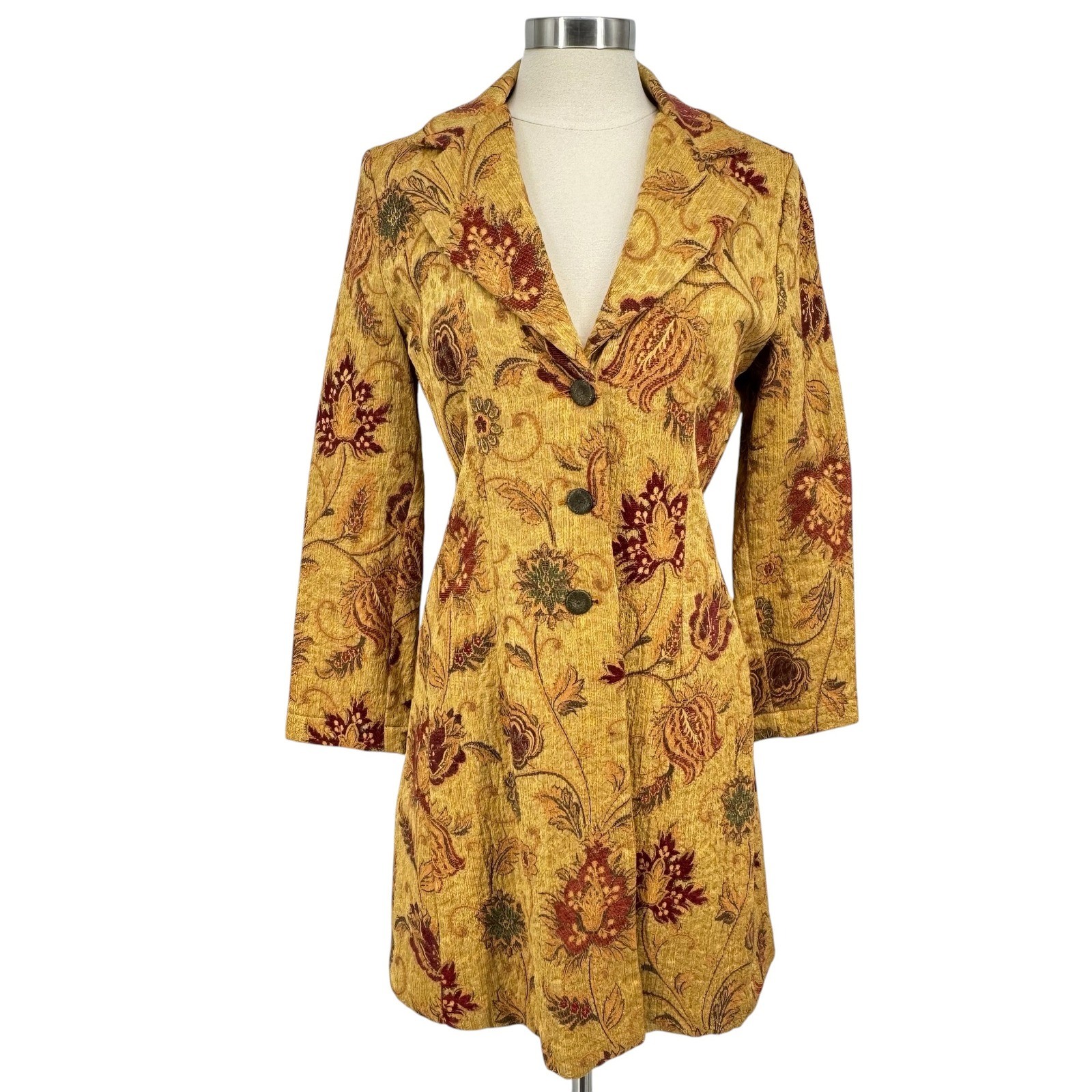 CAbi Tapestry Brocade Long Coat Womens 6 Gold Burgundy Floral Paisely Jacket