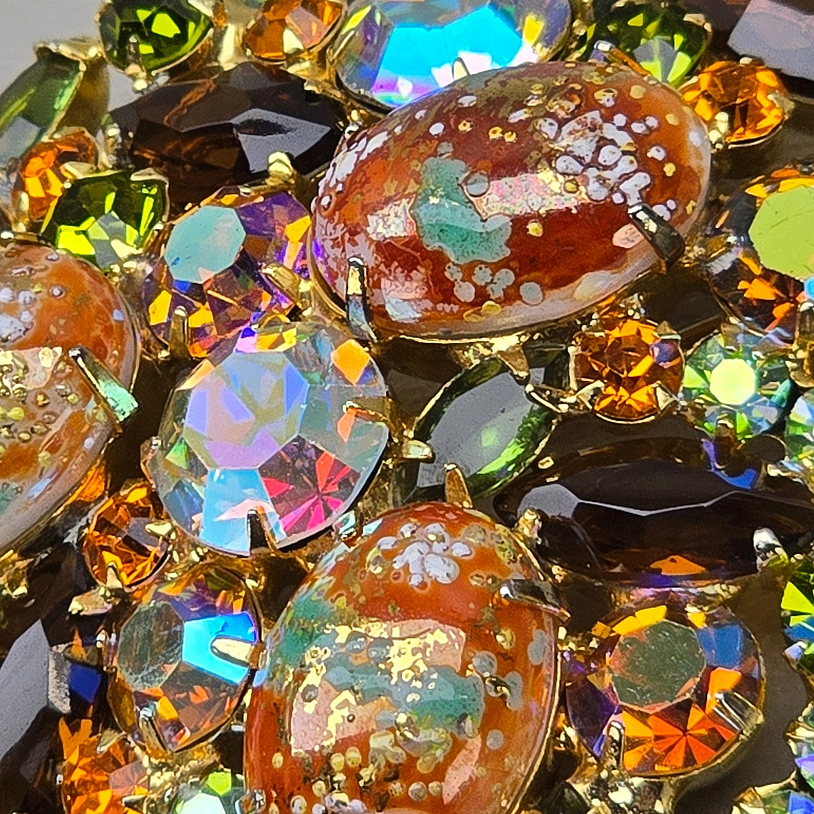 Juliana Easter Egg Brooch Orange Cabochon AB Rhinestone Green Brown #IIJJ-002794
