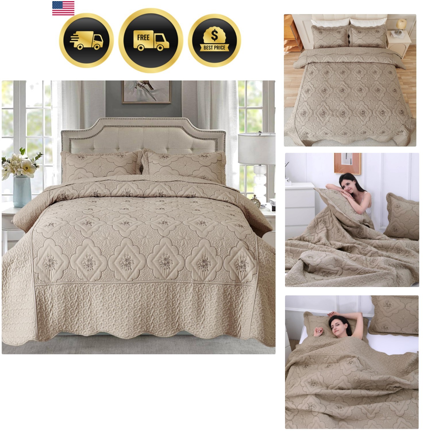 Floral Embroidery Quilt Set,3 Pieces Queen Quilt Bedding Set,Classic Diamond ... Floral Embroidery Quilt Set,3 Pieces Queen Quilt Bedding Set,Classic Diamond ...