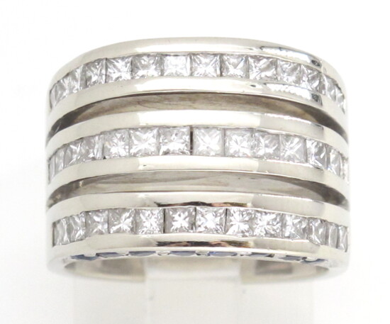18k White Gold Princess Cut Diamond & Blue Sapphire 3-Row Band Ring 2.55ct