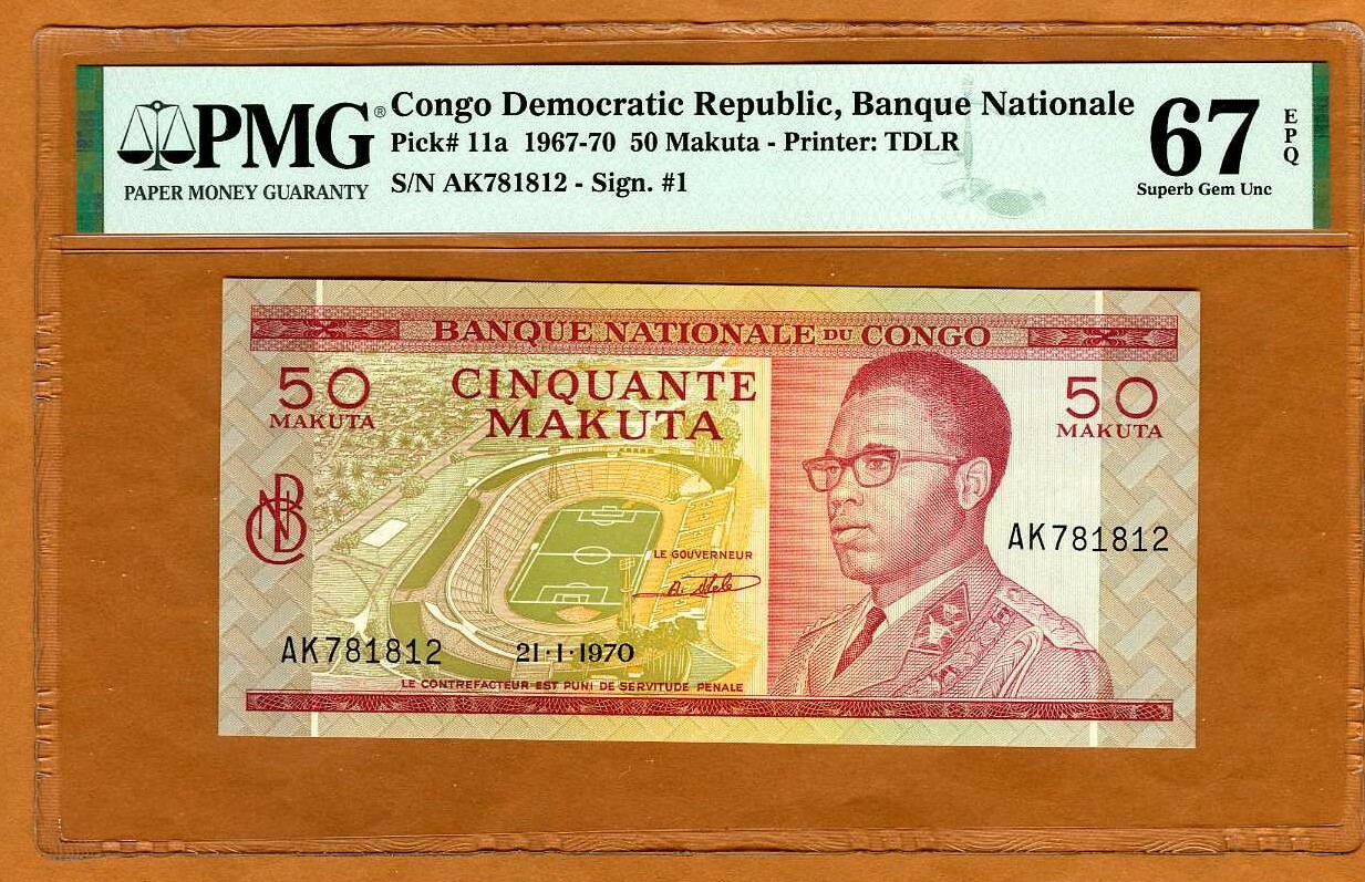 Congo D.R. 50 Makuta 1970 P-11a PMG-67 EPQ Superb Gem UNC
