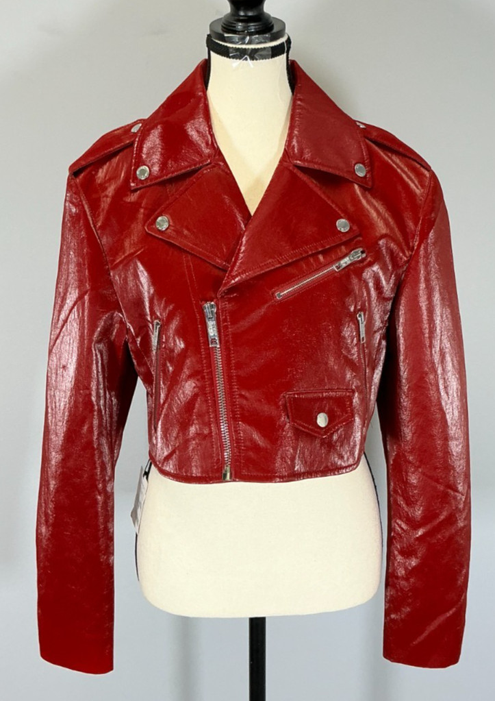 Moschino Women\'s Size 8 US Red Coated Cropped Biker Jacket NWT Moschino Women\'s Size 8 US Red Coated Cropped Biker Jacket NWT