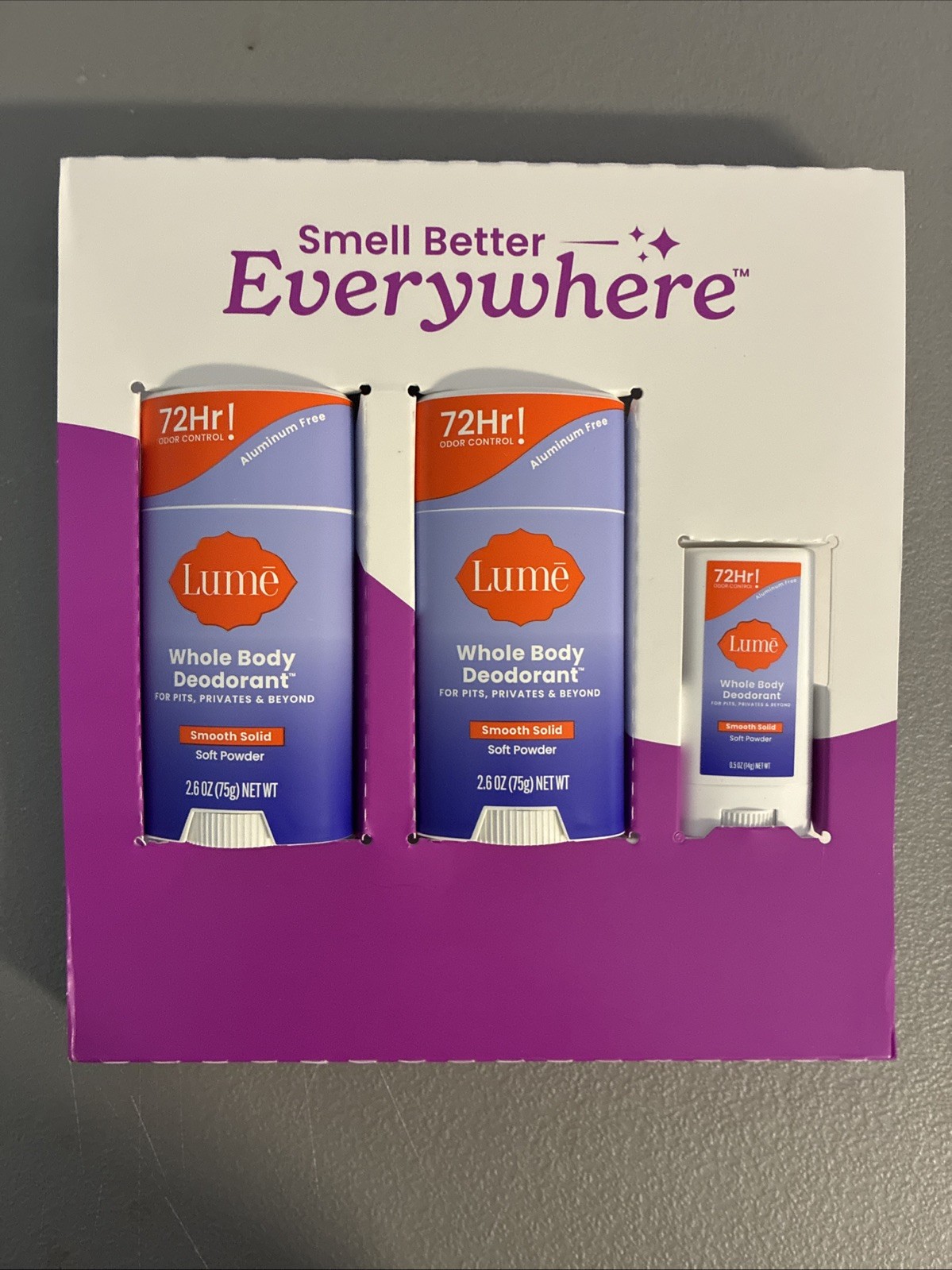 Lume Whole Body Deodorant 3-Pack 2x2.6 Oz and 1x0.5 Oz Set. NEW OB