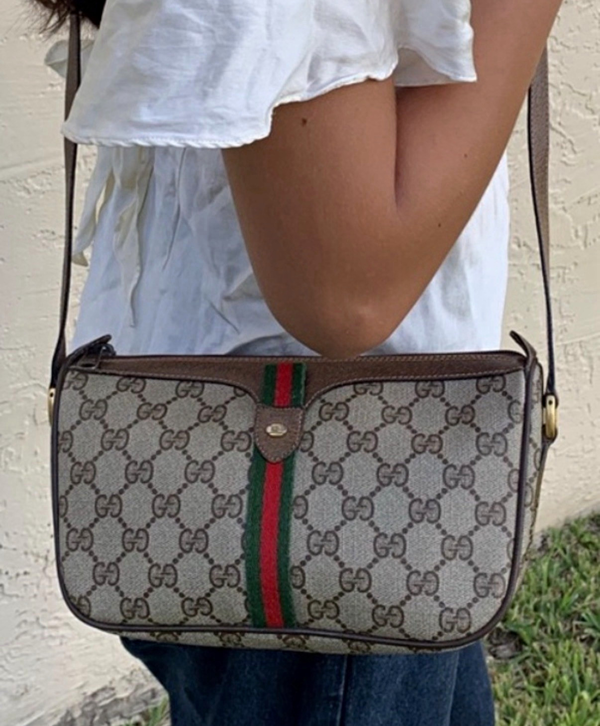 Authentic 1980s Gucci GG Monogram Web Stripe Zip Crossbody Bag Beige Brown