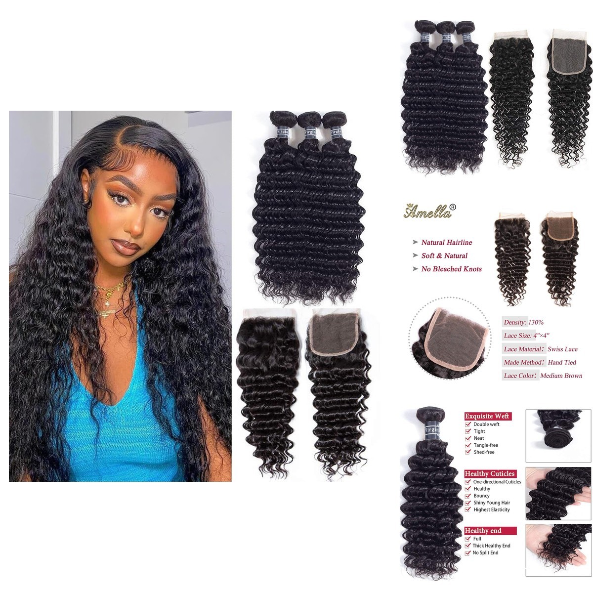 Amella Hair 8A Brazilian Deep Wave Bundles with Closure 10 12 14+10in Natural Amella Hair 8A Brazilian Deep Wave Bundles with Closure 10 12 14+10in Natural