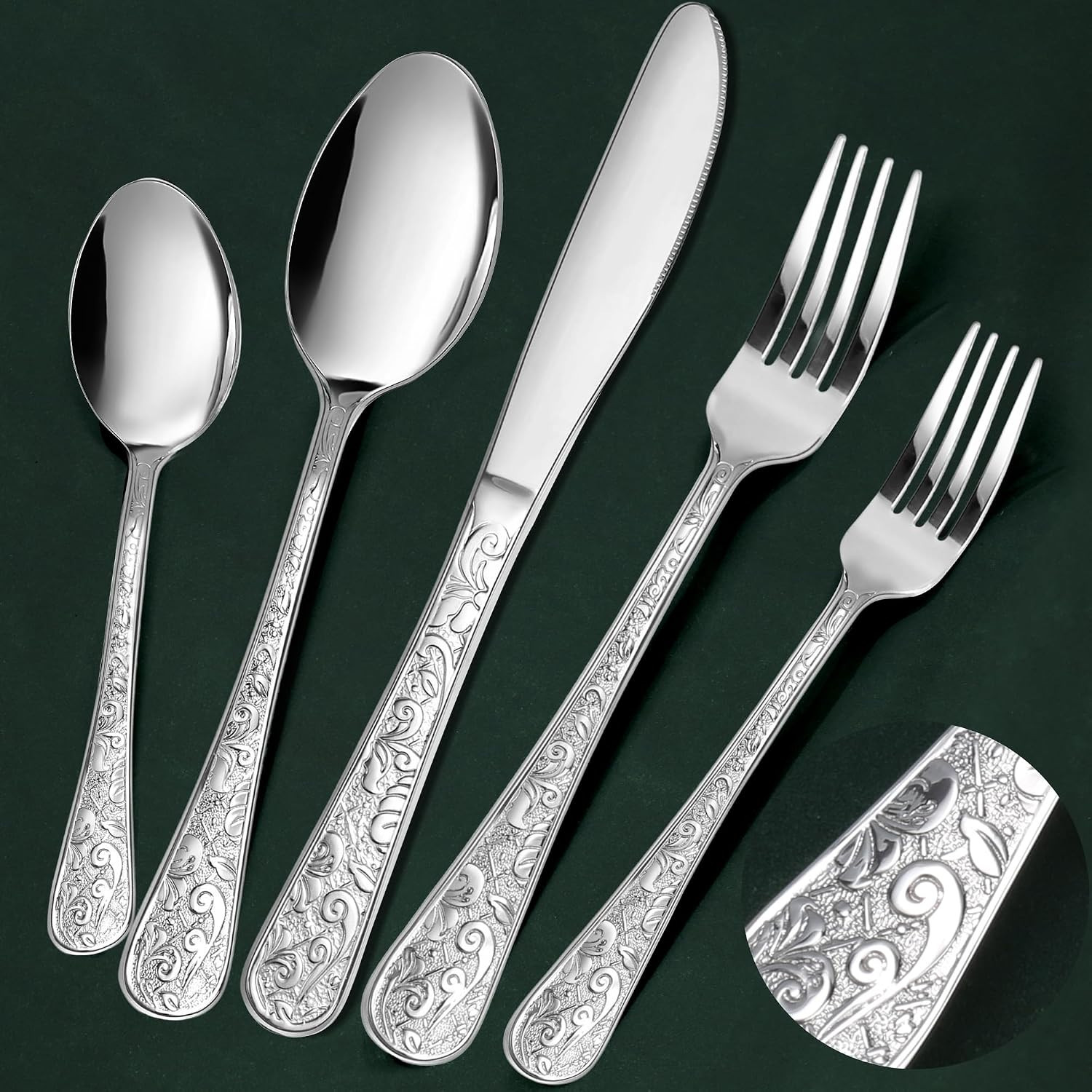 60-Piece Vintage Carved Silverware Set for 12, Stainless Steel Flatware Set with