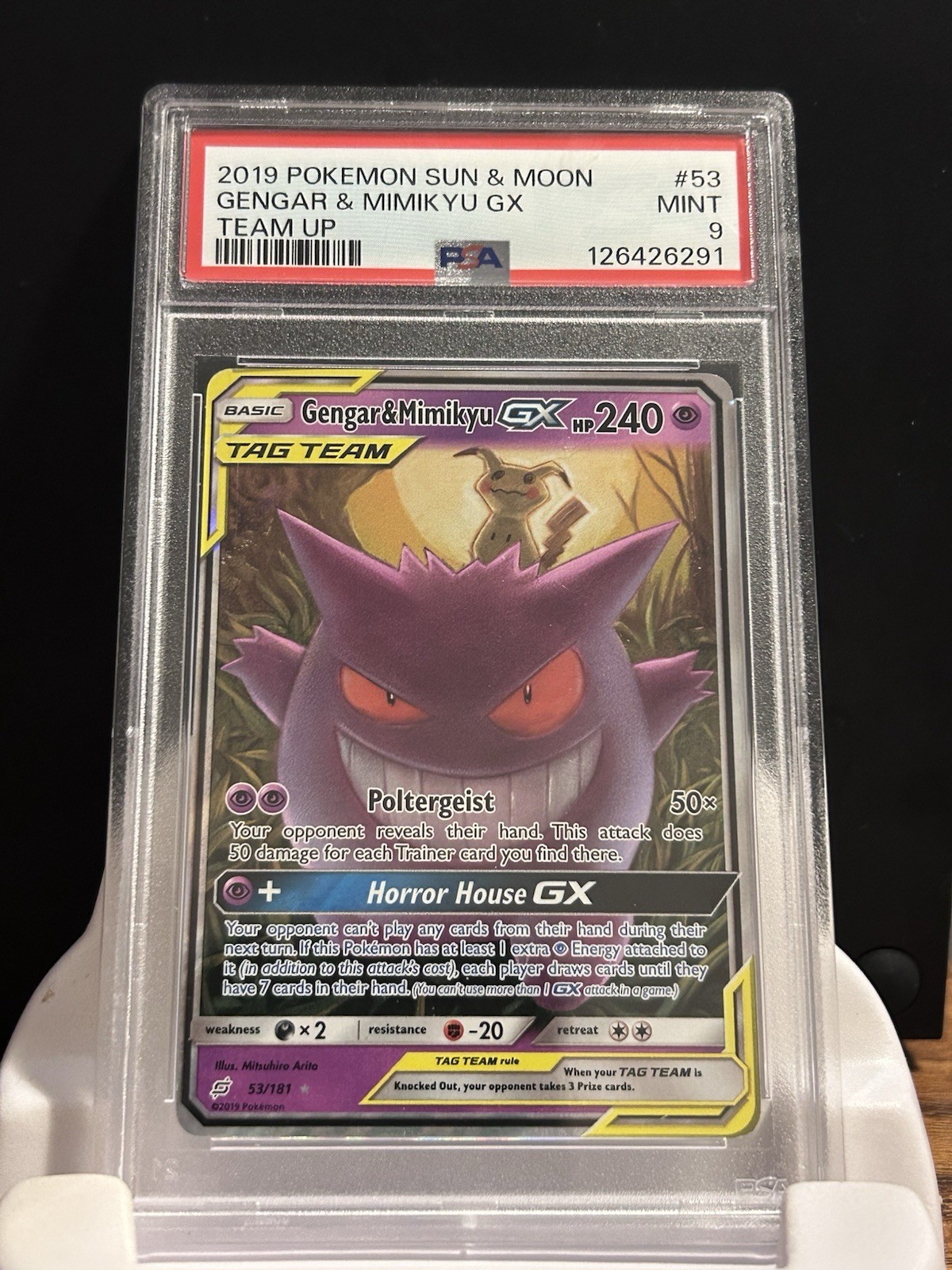2019 POKEMON SUN & MOON TEAM UP #53 GENGAR & MIMIKYU GX PSA 9