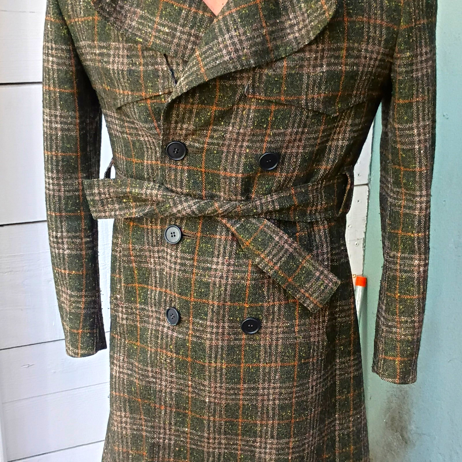 Rare Vintage Louis Feraud Paris Plaid Double-Breasted Belted Long Coat Size L Rare Vintage Louis Feraud Paris Plaid Double-Breasted Belted Long Coat Size L