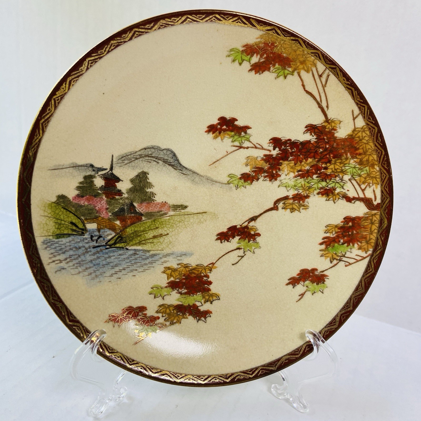 Antique Japanese Satsuma Plate Shozan Signed 6.5” Meiji Era Temple Maple Leaves