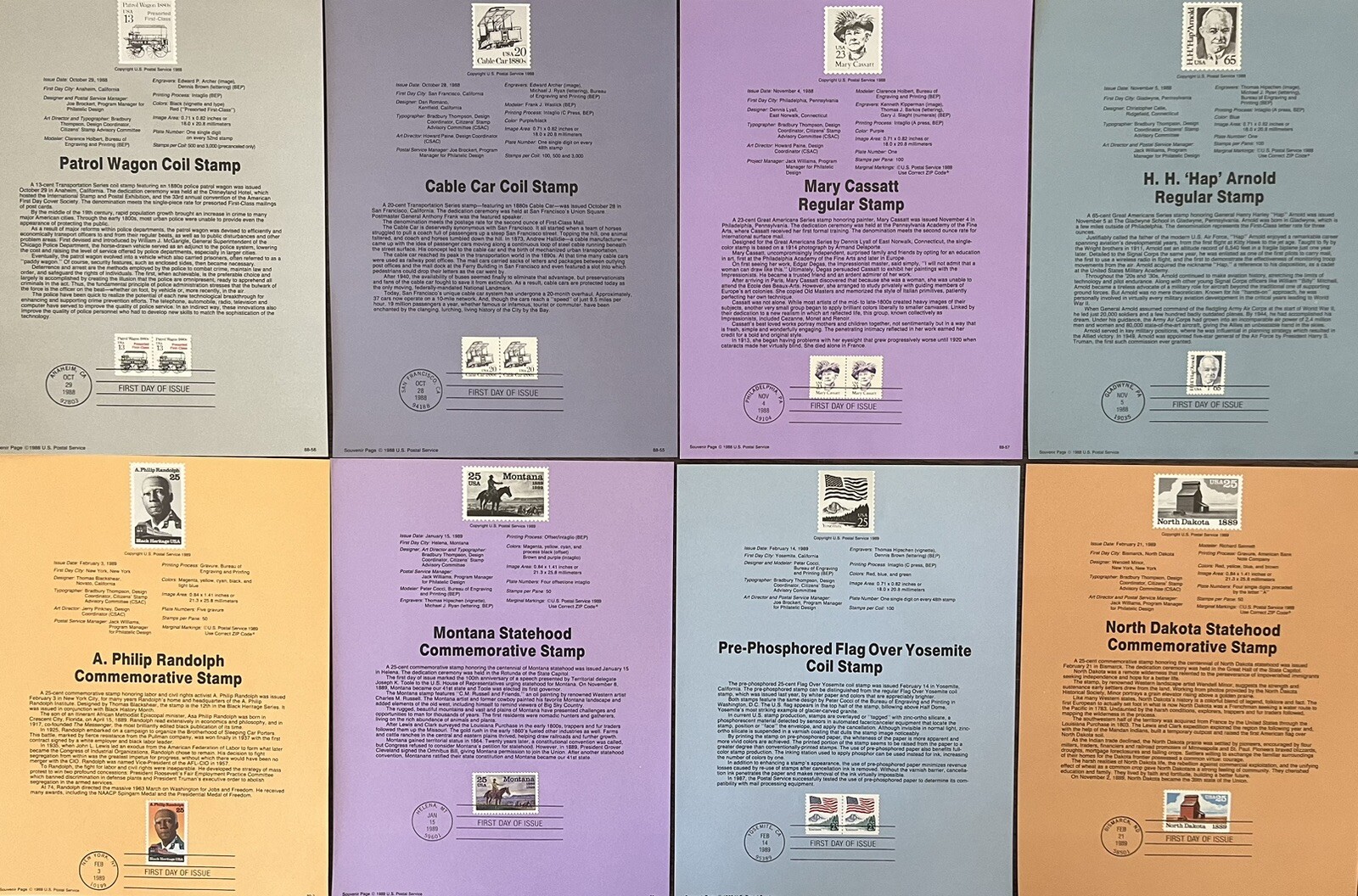 USA - 8 Commemorative Sheets - First Day of Issue - 4x 1988, 4x 1989 - Mint Cond