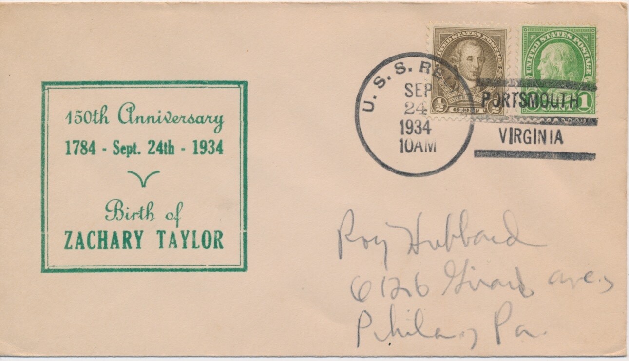 Naval Cover USS Relief 9/24/1934 Portsmouth Virginia Birth of Zachary Taylor