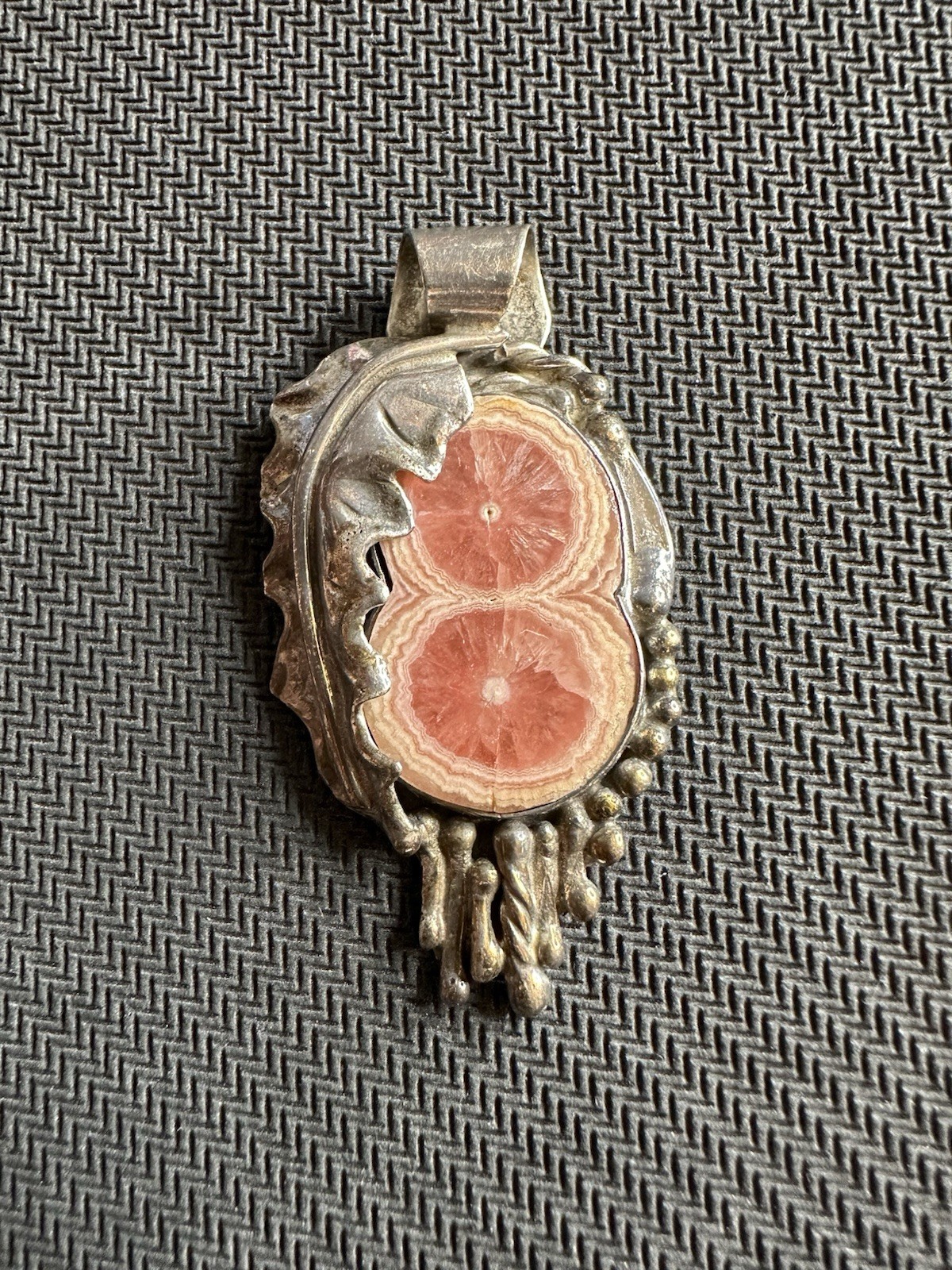 Vtg Stan Davidson Modernist Sterling 925 Double Eye Rhodochrosite Pendant, 2in Vtg Stan Davidson Modernist Sterling 925 Double Eye Rhodochrosite Pendant, 2in