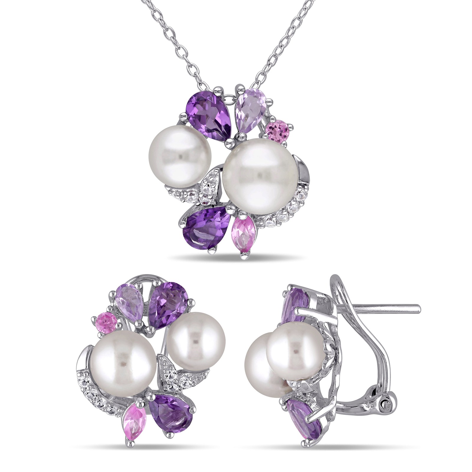 Amour Silver Multi-Gemstone & FW Pearl Cluster Earrings, Pendant & Chain Set Amour Silver Multi-Gemstone & FW Pearl Cluster Earrings, Pendant & Chain Set