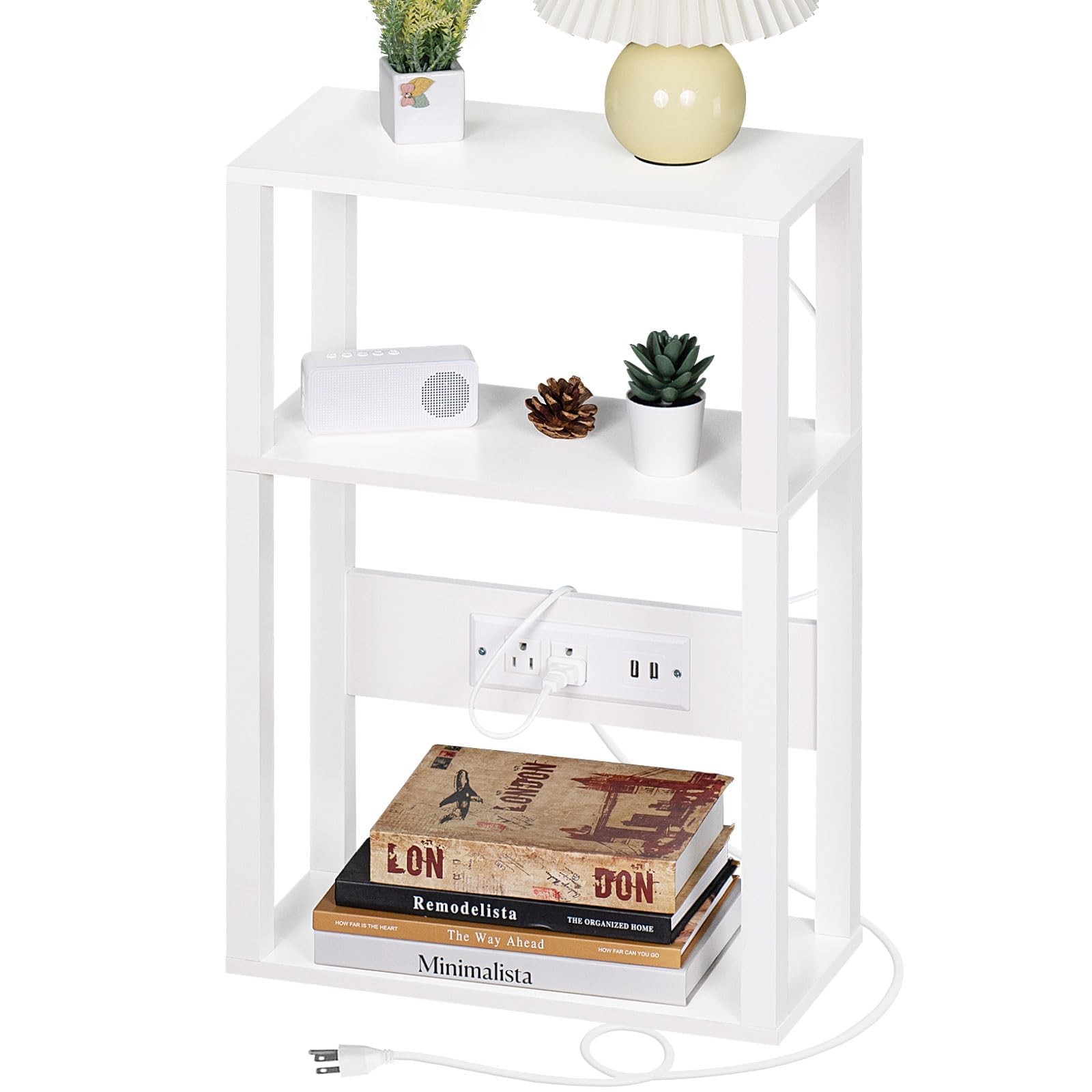 YUFAM 3-Tier Small Narrow Wood Side Table with Charging 1 Pack, White YUFAM 3-Tier Small Narrow Wood Side Table with Charging 1 Pack, White