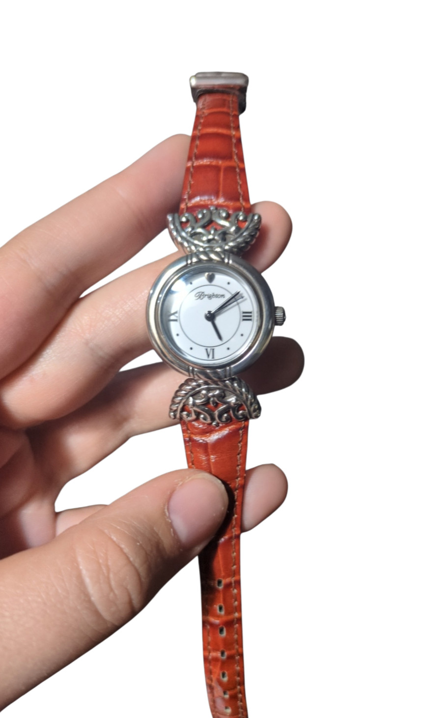 Brighton Vintage Silver-Tone Ladies Watch with Red Leather Embossed Band