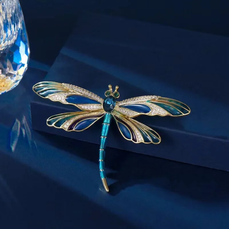 Luxury Blue Dragonfly Brooch Gold Tone Crystal Insect Pin Nature Jewelry Gift