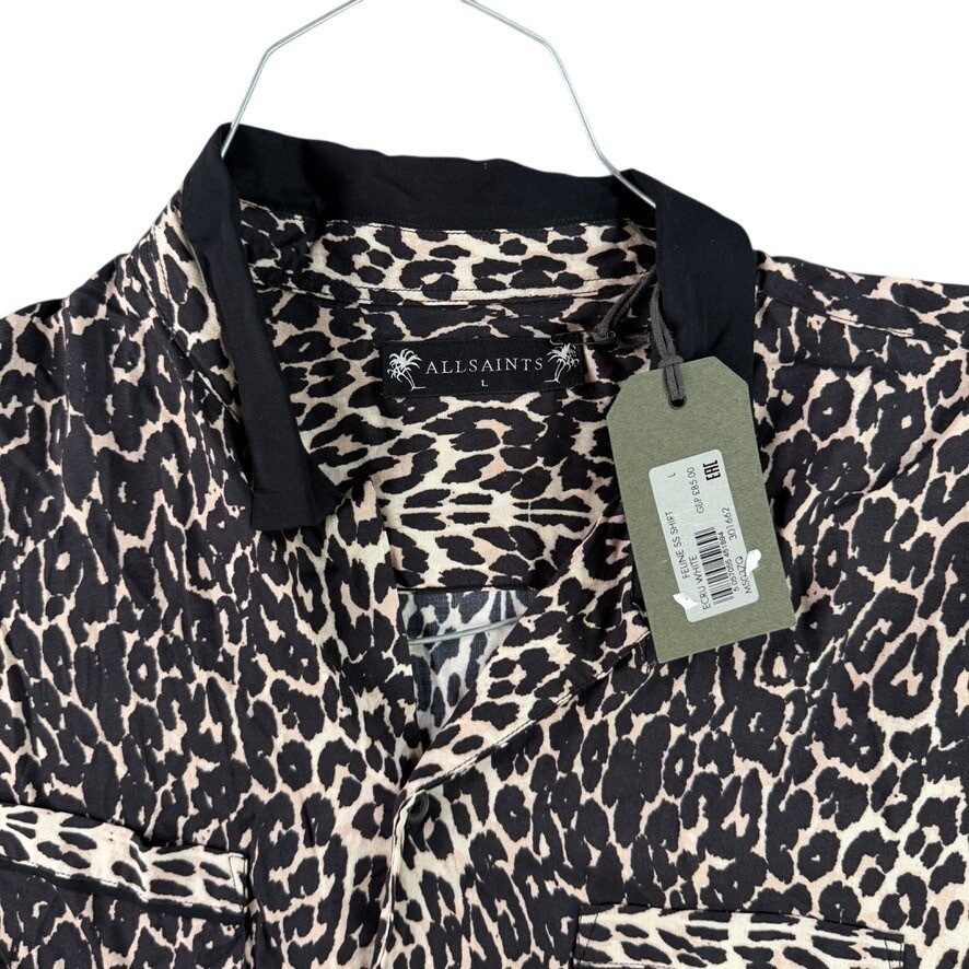 AllSaints Feline SS Shirt Women Large Ecru White Leopard Print Loop Collar NWT