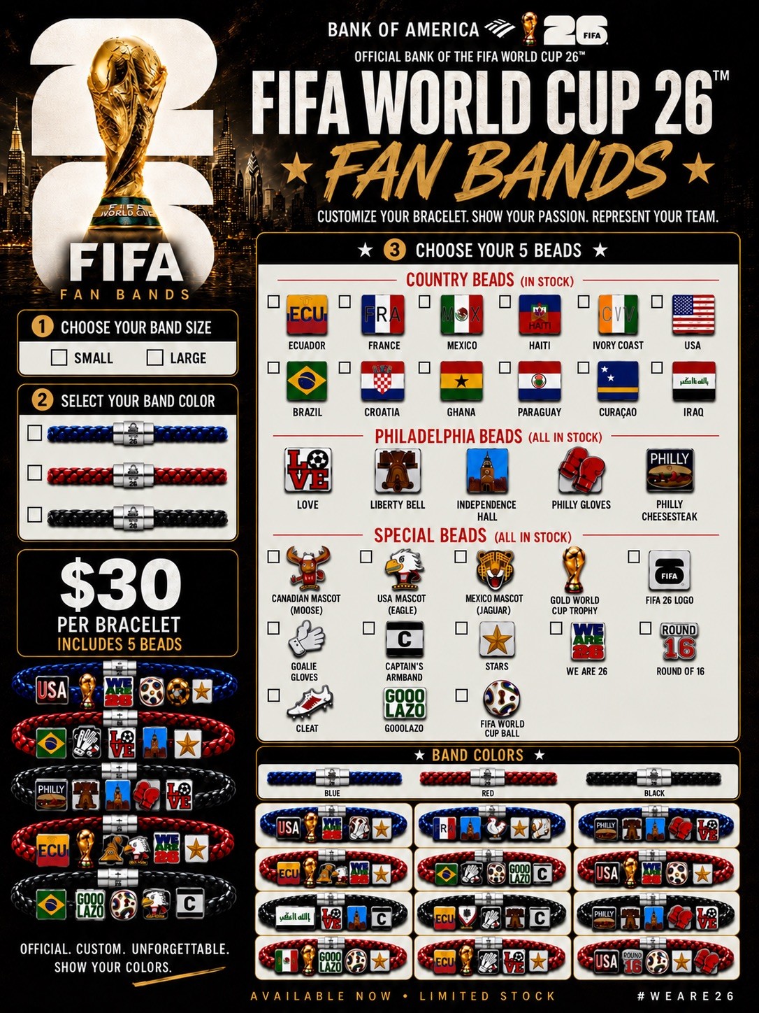 FIFA World Cup 2026 Bank of America fan fest Philadelphia customizable bracelet