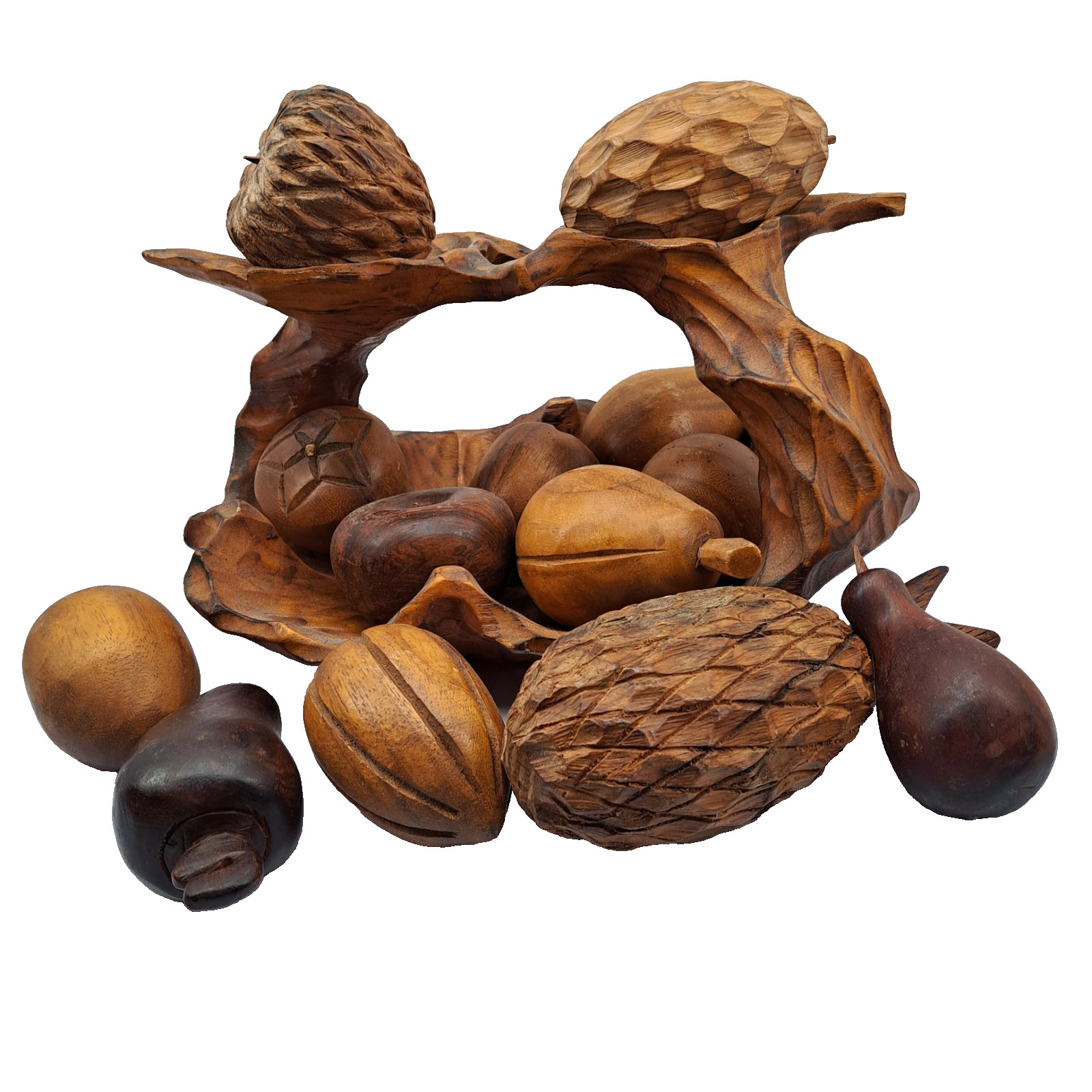 VTG Hand Carved Wooden Fruit Nuts Bowl Basket 13 pcs Decor Multicolor MCM Rustic