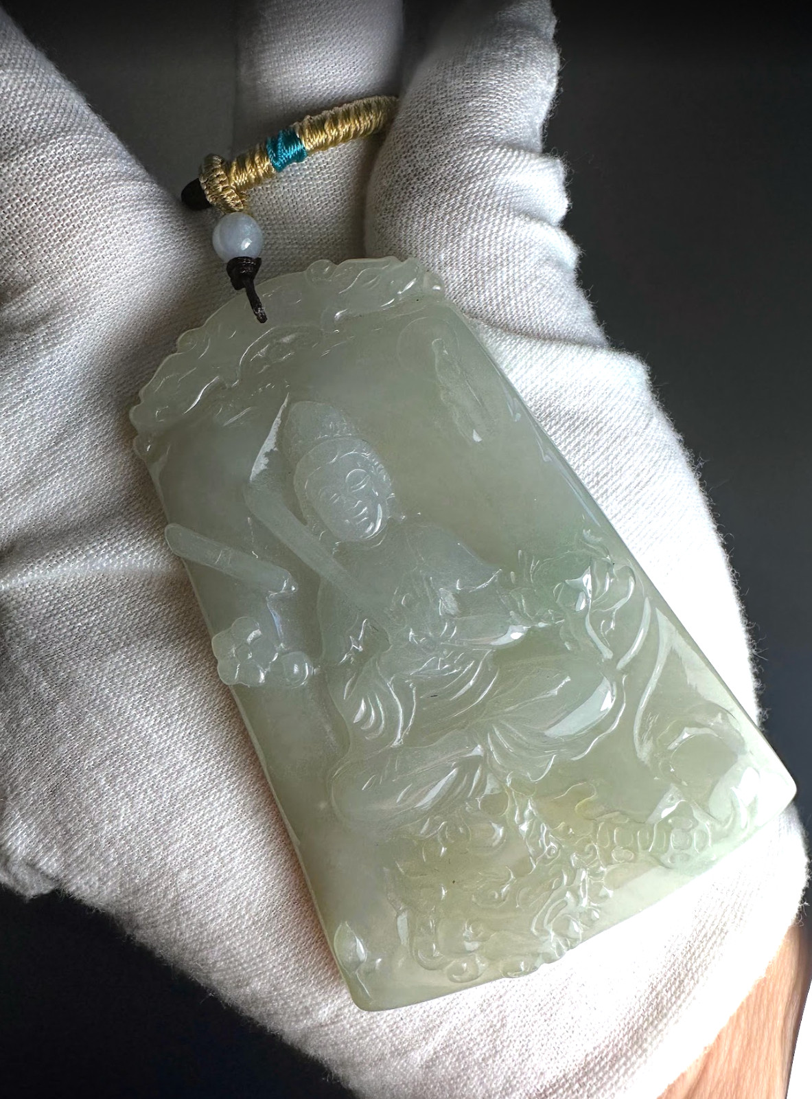 Natural Grade A Jadeite Jade Pendant Manjushri Buddha Wisdom Carving + Cert