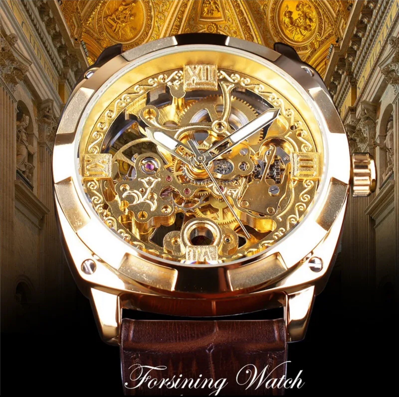 Forsining Mens Skeleton Mechanical Waterproof Luxury Watch Leather Gift Idea
