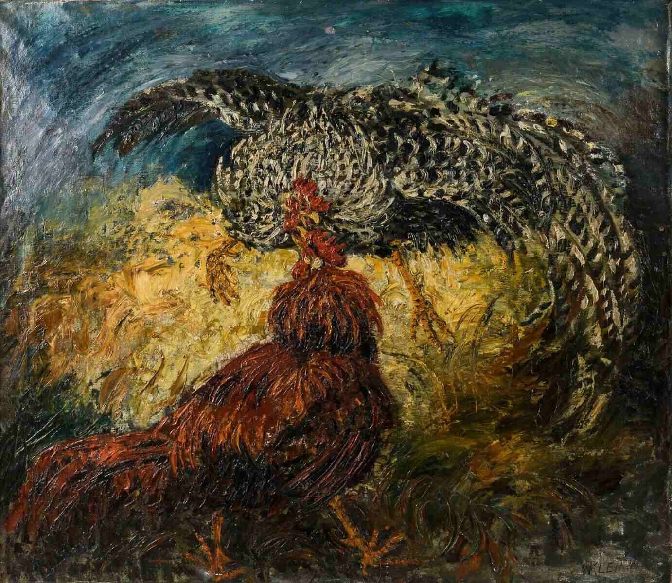 Walther Klemm Cockfight German Expressionist Roosters Animal Painting