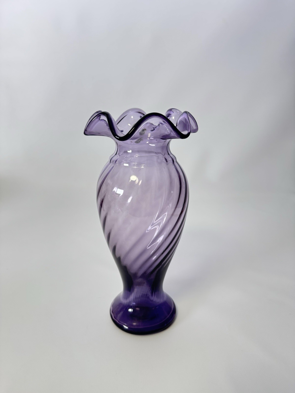 Vintage Fenton Violet Amethyst Swirl Optic Vase Double Crimped Ruffled 9.75\