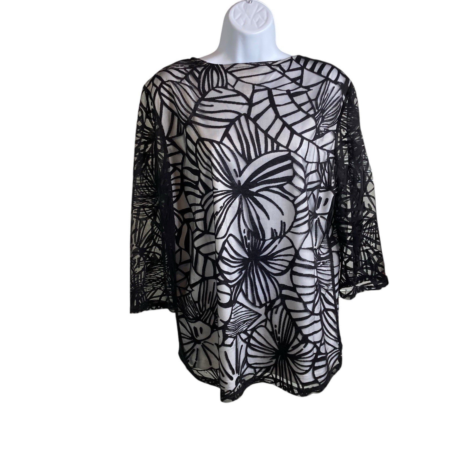 Chico\'s Womens Black Floral Appliqué Lined Top Size 2 Large Statement Moto Boho