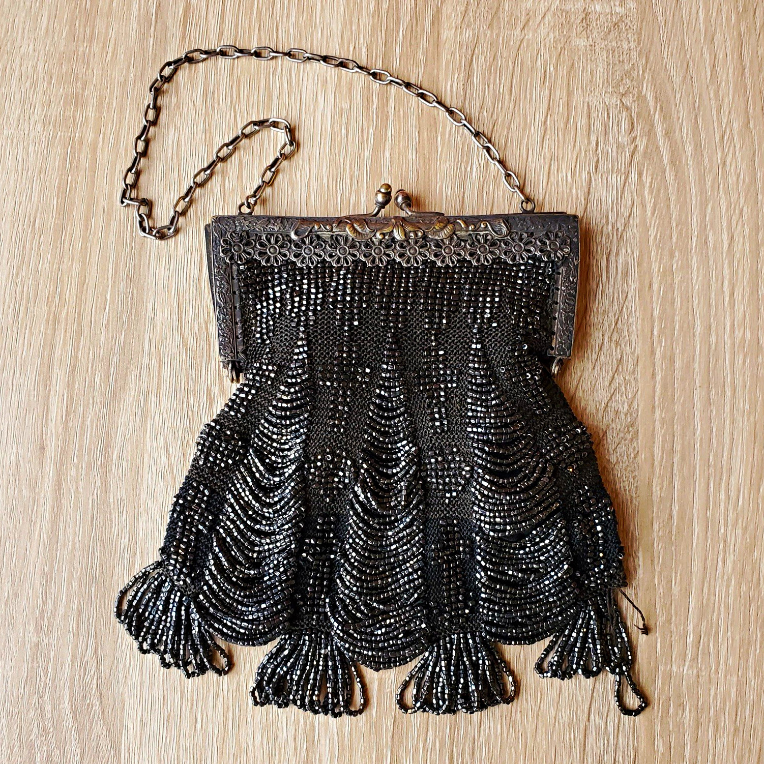 Vintage Late Victorian Mourning Bag Metal Frame Kiss Lock Chain Strap