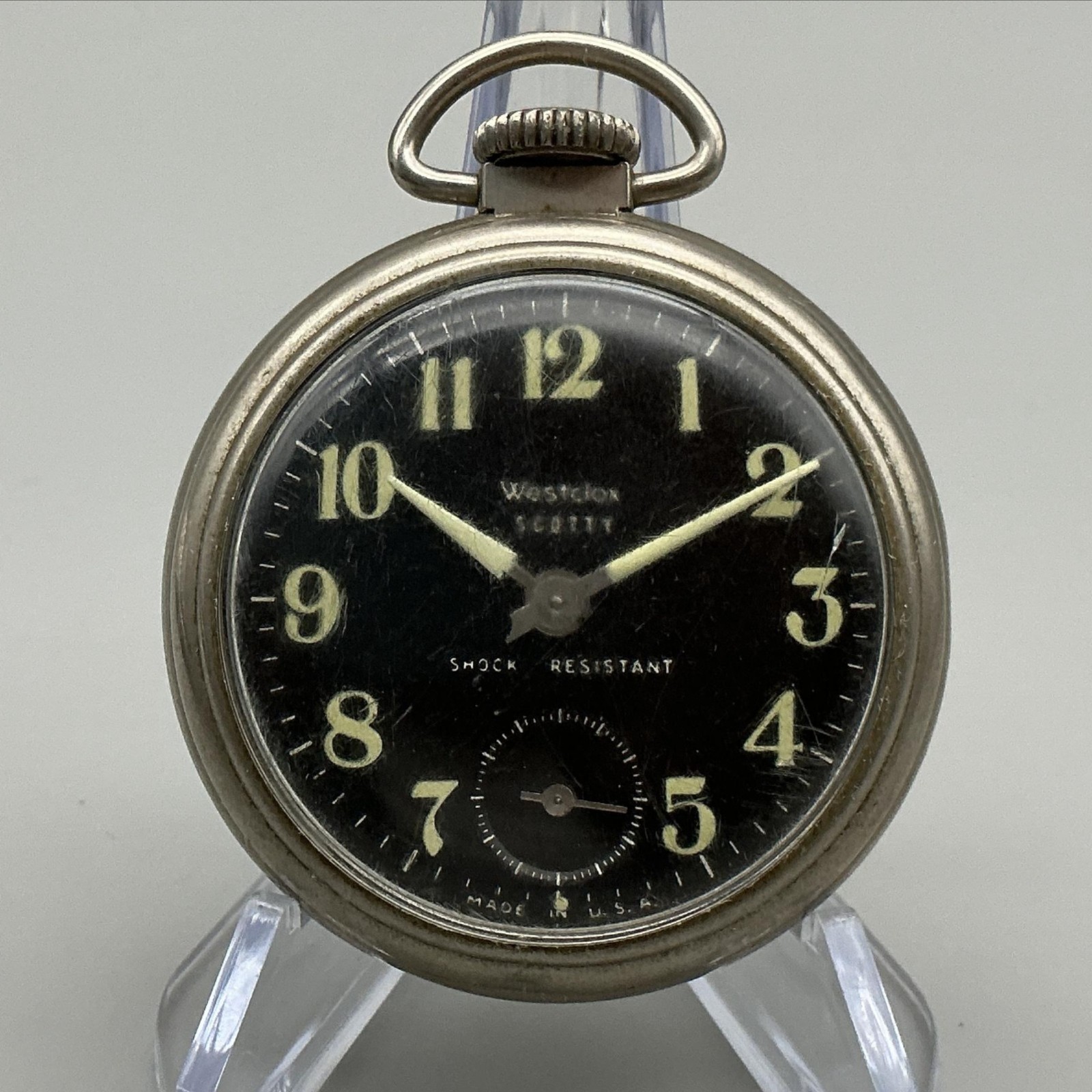 Vintage Westclox Scotty Pocket Watch Men 50mm Black Dial Manual Wind Silver Tone