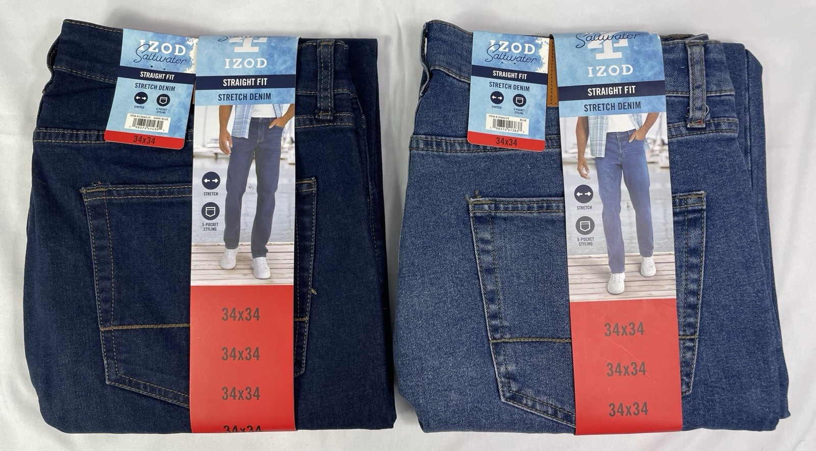 Izod Lot of 2 Men\'s 34x34 Dark Blue & Blue Straight Fit Comfort Stretch Jean NWT