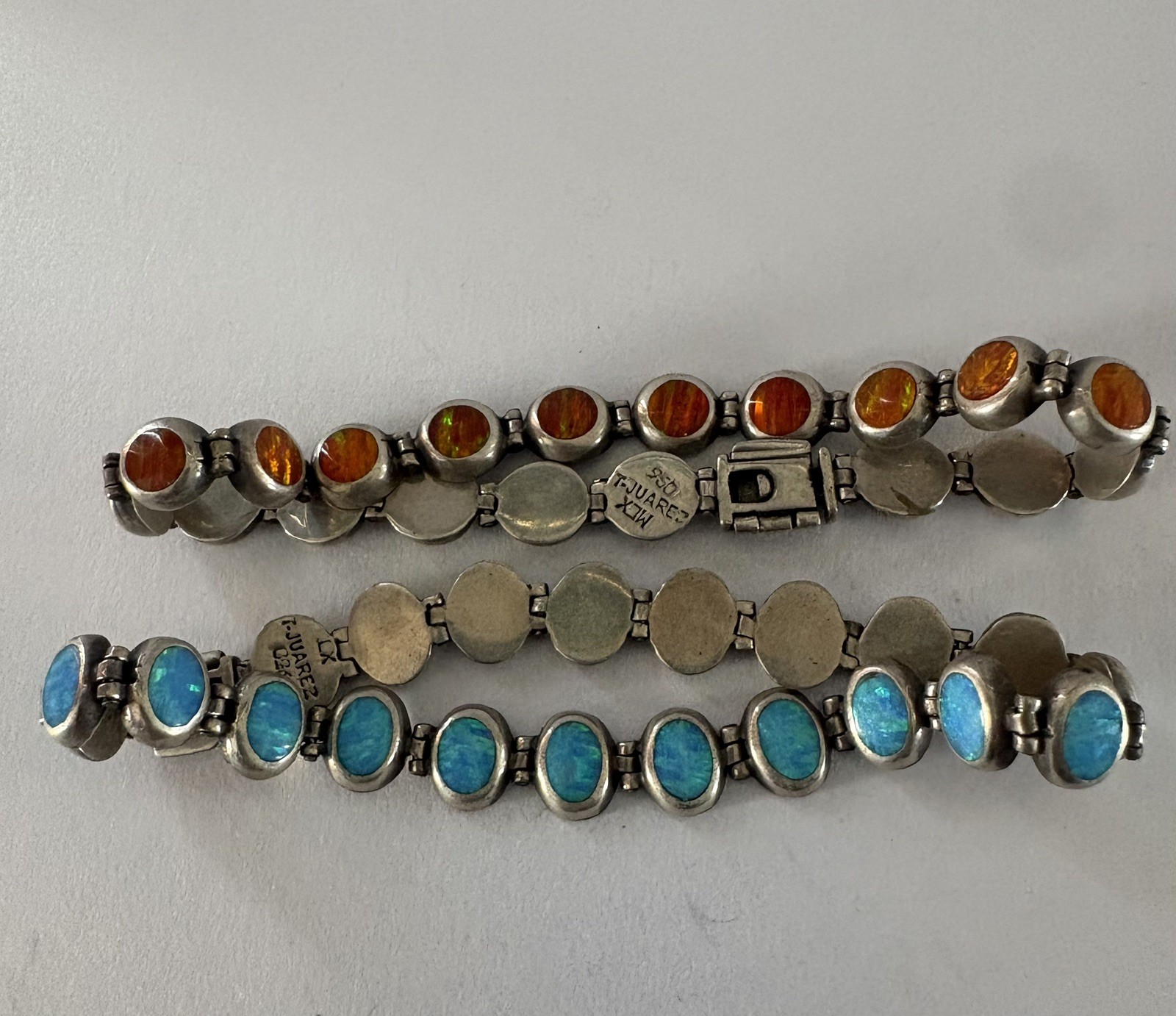 2 Vtg Mexico T Juarez Sterling Silver 950 link inlay Opal Bracelet 7.5