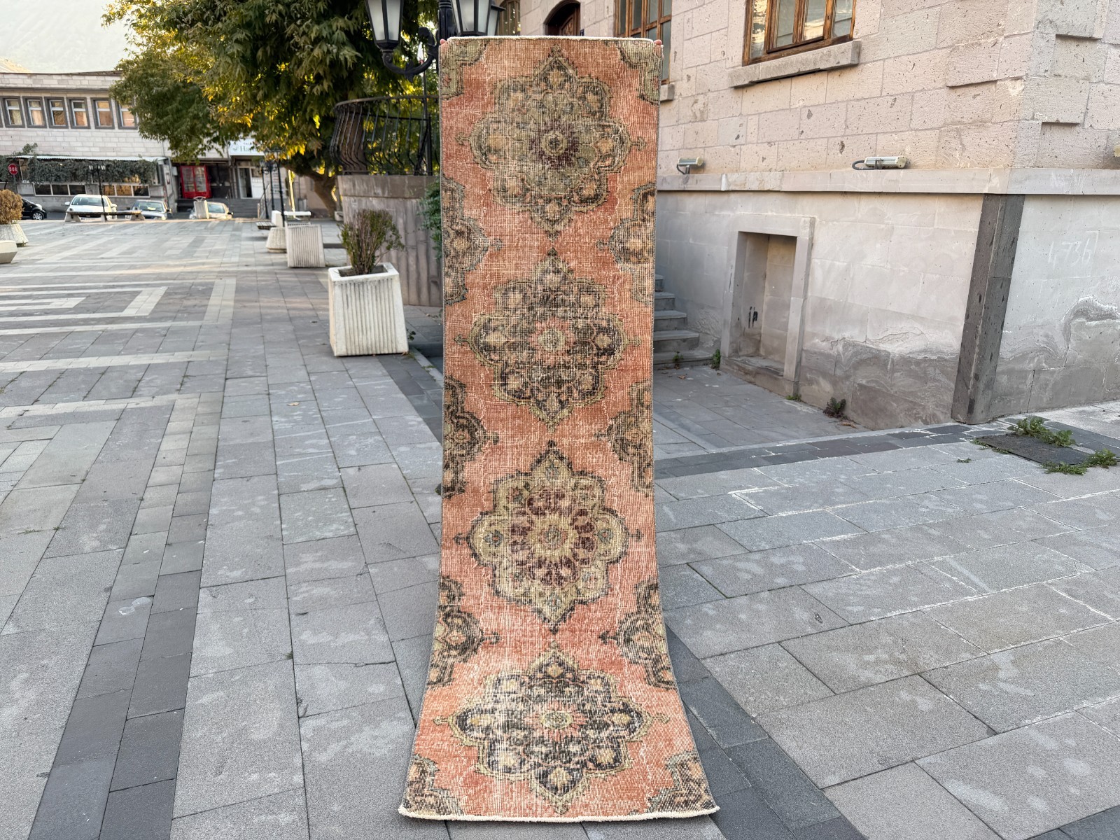 Terracotta Runner Rug 2.5x9.2 ft Vintage Turkish Wool Distressed Floral Carpet