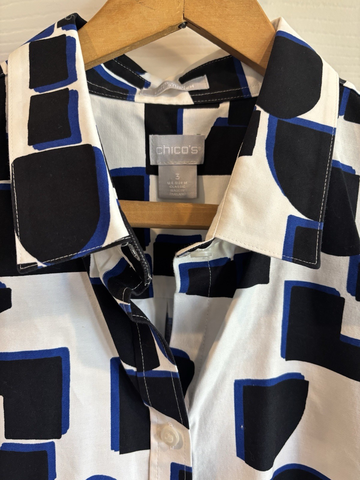 CHICO\'S 3 3/4 Sleeve ‘No Iron Stretch Cotton Shirt\' - XL Black Royal Blue NWOT