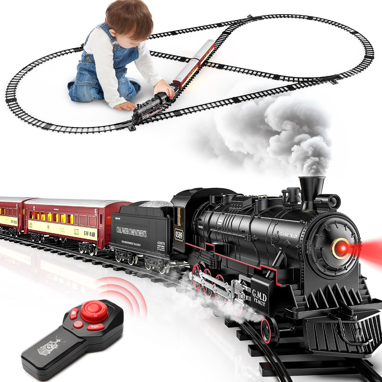 RC Train Set Alloy Steam Locomotive Light-Up Cars Tracks Remote Control Toy